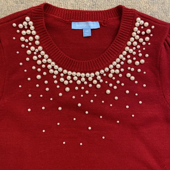 Draper James Sweater Womens XS Red Pearl Beaded Puff Sleeve Anthropologie - Picture 2 of 9